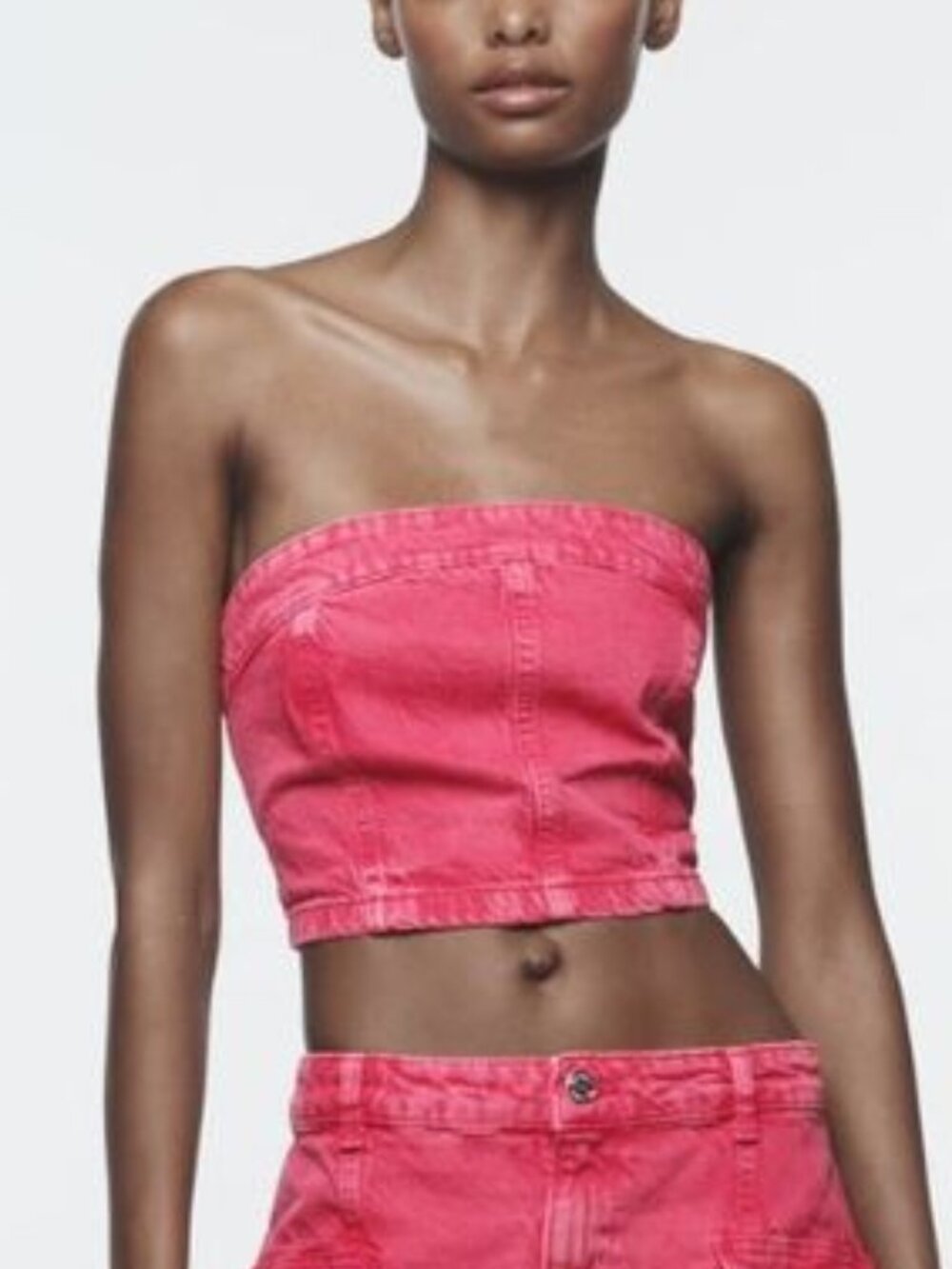 Zara | Pink Denim Strapless Crop Top | Size XS | Hot Pink